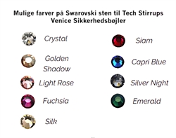 Valgmuligheder af farver på tilvalg af Swarovski sten på Tech Stirrups Venice sikkerhedsbøjler.